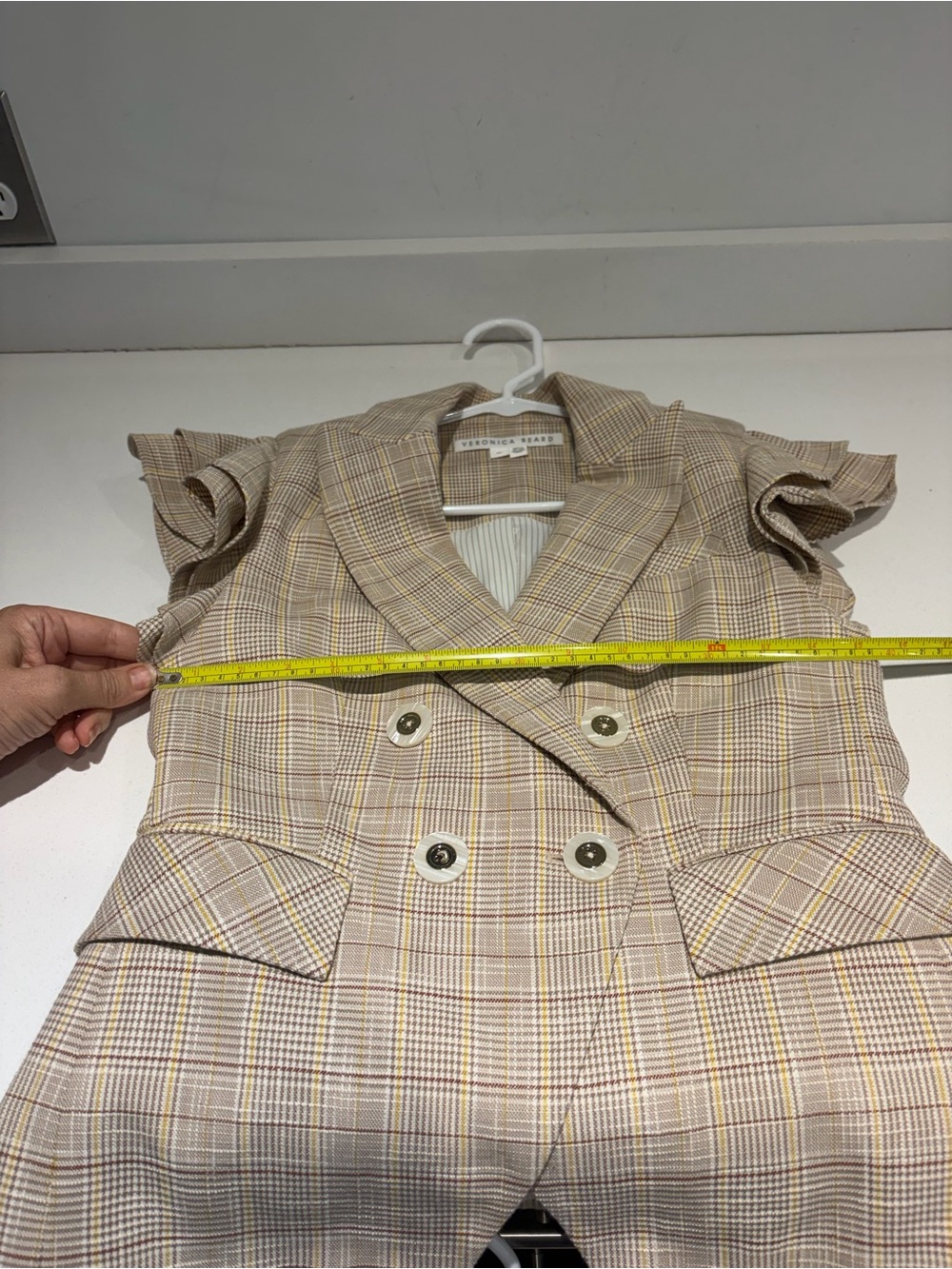 $595 Veronica Beard Janae Plaid Ruffle Blazer Jacket vest Khaki Multi Sz 00 - Picture 13 of 16